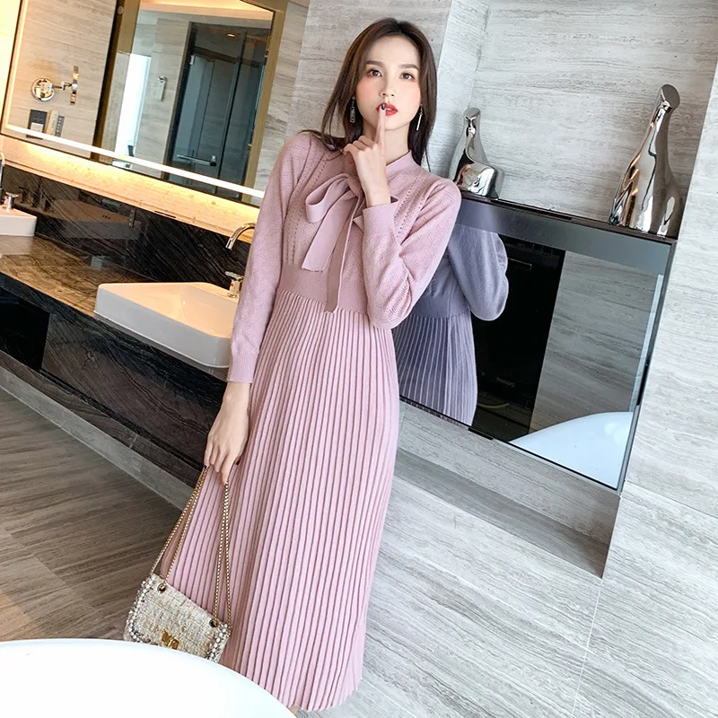 Yang Mei Shop 19 осеннее и зимнее Новое Стильное элегантное приталенное платье с бантом и шнуровкой на талии, трикотажное плиссированное платье с длинными рукавами