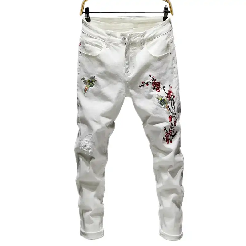 白人男性刺繍ジーンズサイズ 28 38 穴ジーンズ男性高品質ストレッチデニムパンツ Aliexpress