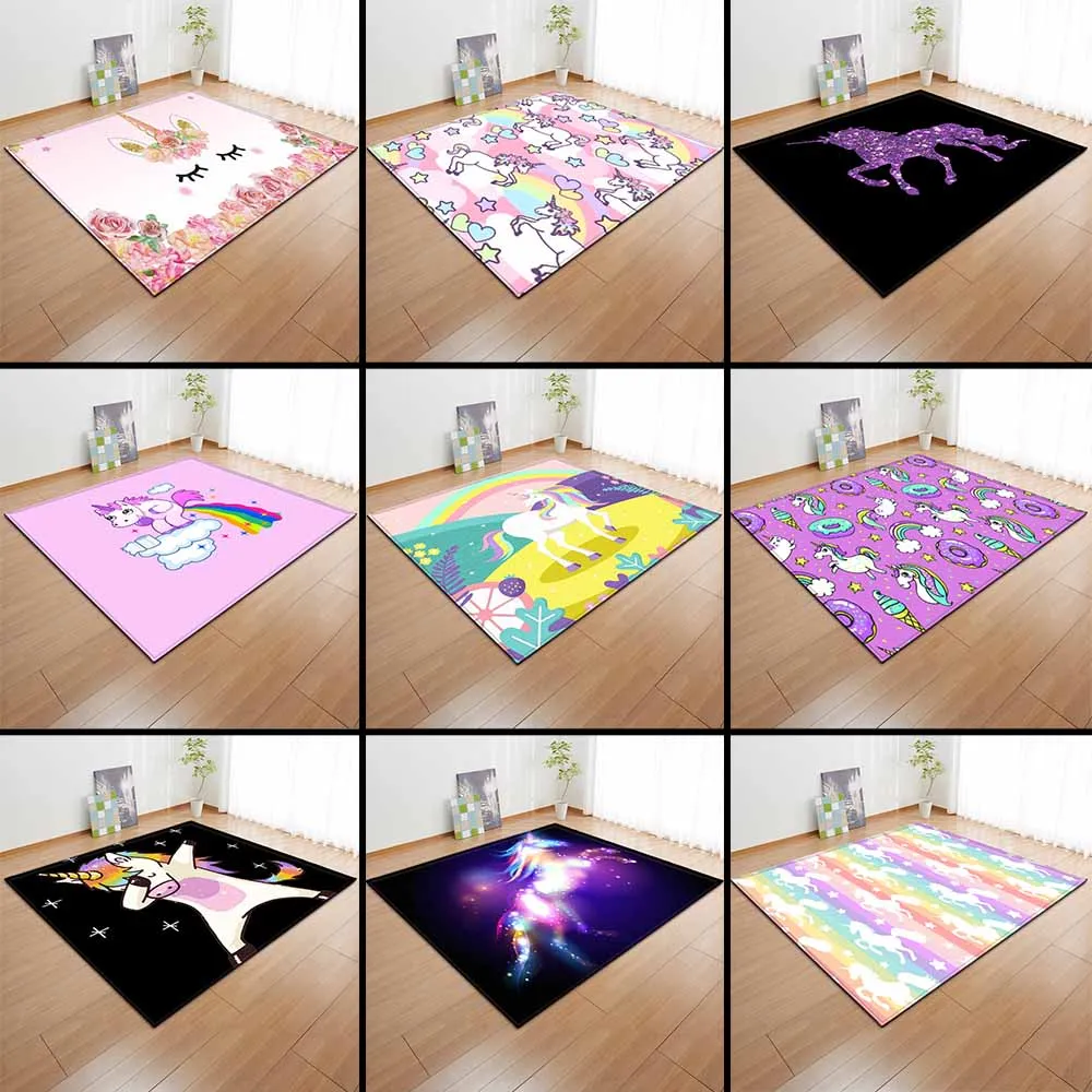 

Girls Room Decorative Area Rug Living Room Rug and Carpet Cartoon Pink Unicorn Carpets Anti-slip Flannel Carpets Kids Play Mat