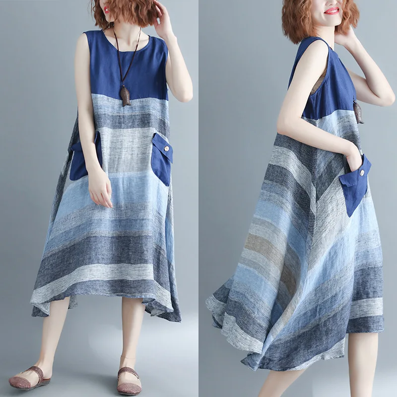 

2019 Spring And Summer Loose-Fit Literature And Art Large Size Sleeveless Flax Mid-length Joint Contrast Color Dress