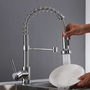 

Kitchen Faucet American Type Electroplating Draw Spring Rotatable Faucet Side Sprayer Dual Spout Single Handle Mixer Tap
