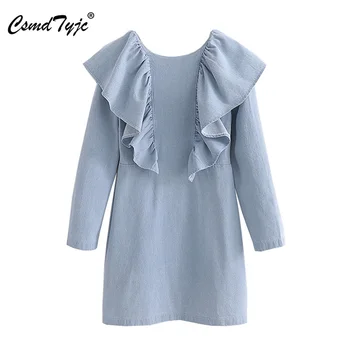 

Stylish Chic Ruffled Blue Denim Women Dress Fashion O-neck Back zipper Long Sleeve Female Mini Dresses Vestidos Mujer