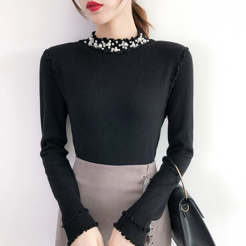 Kaufen Lucyever Perle Rollkragen Gestrickte Pullover Frauen Langarm Elastizität Schwarz Pullover Frau 2019 Winter Casual Einfache Pull Femme