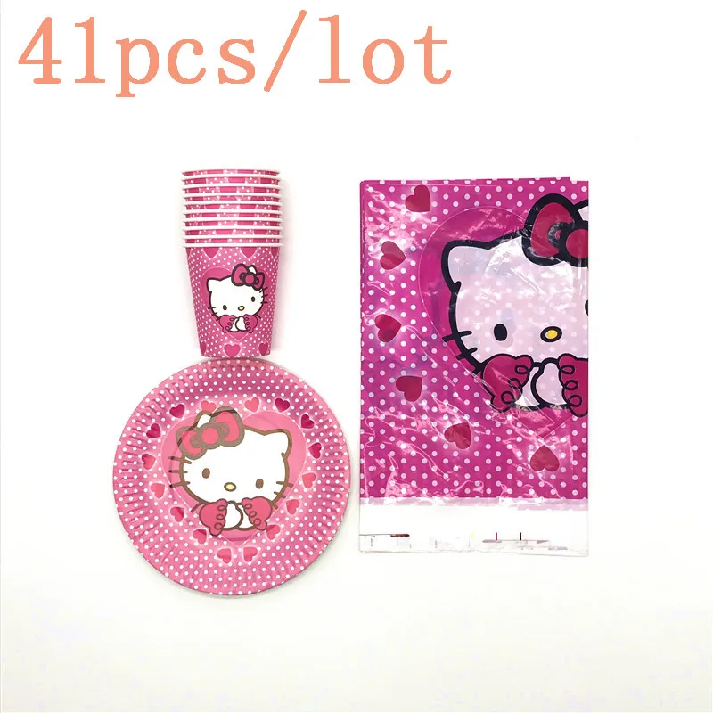 Мультфильм hello kitty 21 шт/41 шт девушка посуда для вечеринки в честь Дня Рождения Наборы украшения Свадебная кружка ко дню рождения тарелка скатерть поставка