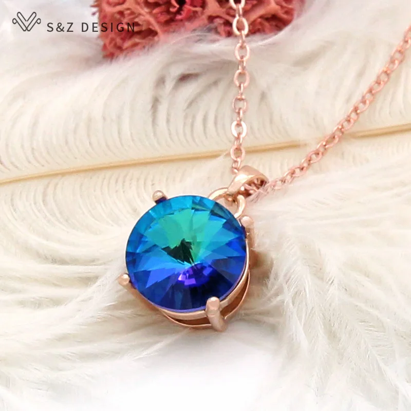 S&Z DESIGN New Fashion Simple Large Round Crystal Pendant Necklace 585 Rose Gold Color Chain For Women Wedding Jewelry