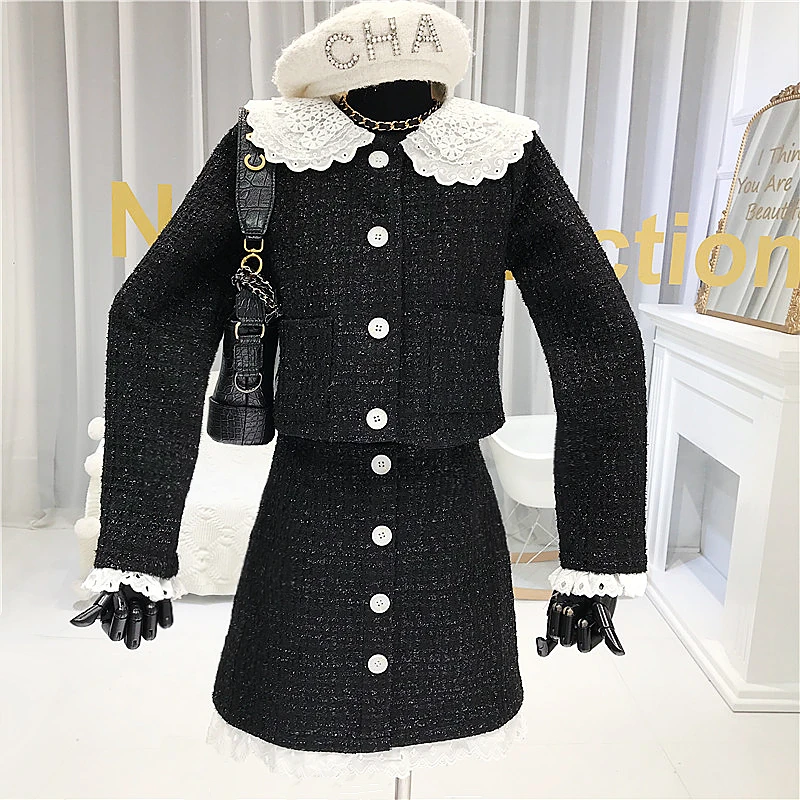 

2020 New Fall Winter Korean Vintage Woolen 2 Piece Set Women Tweed Jacket Coat + Bodycon Mini Skirt Suits Elegant Two Piece Set