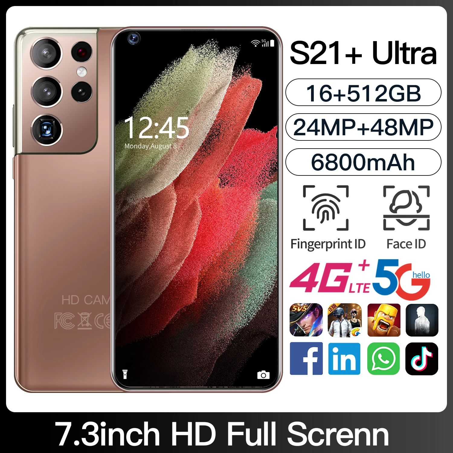 Samsun S21+ Ultra Smartphones 7.3inch Deca Core 48MP Global Version 6800Mah16G RAM 512G ROM Mobile Phone Undefined