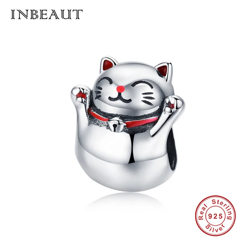 INBEAUT оригинальные бусины кошка fit Pandora браслет 925 пробы серебро счастливый Красный Эмаль Scarlf подвески в виде животных DIY ювелирные изделия - Цвет: sc1178-1