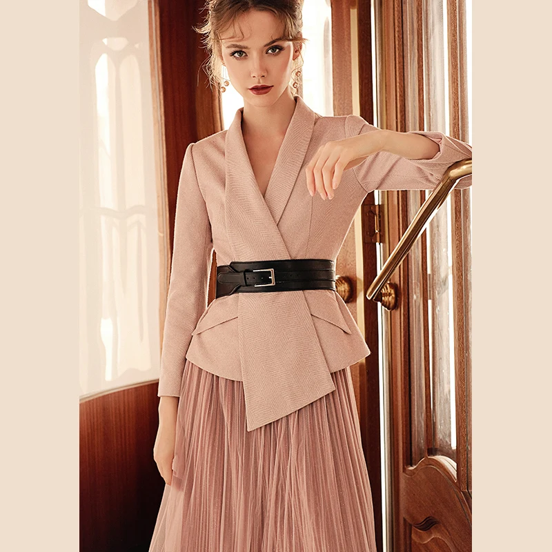 Год, новая зимняя одежда для офиса, пальто+ юбка, розовый цвет, шерсть, галстук, пояс, Дамская Деловая одежда на весну, 2 предмета - Цвет: Розовый