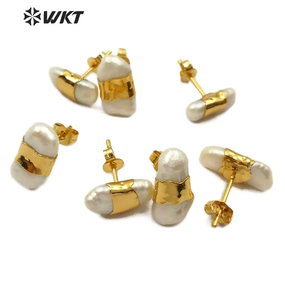 WT-E569 натуральные пресноводные жемчужные серьги-гвоздики с золотой Гальванизированный серьги-гвоздики модные морские ювелирные изделия из раковин для женщин