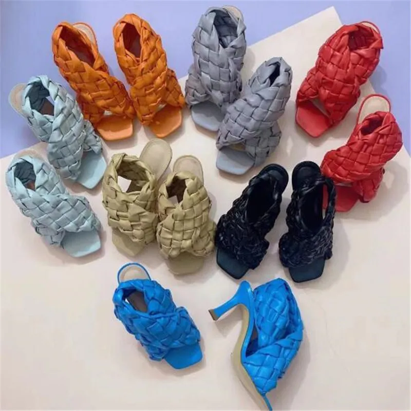 

Sexy Thin High Heels Fashion Ladies Gladiator Sandals Weave Open Toe Slip On Rome Slides Women Dress Shoes size 41 42
