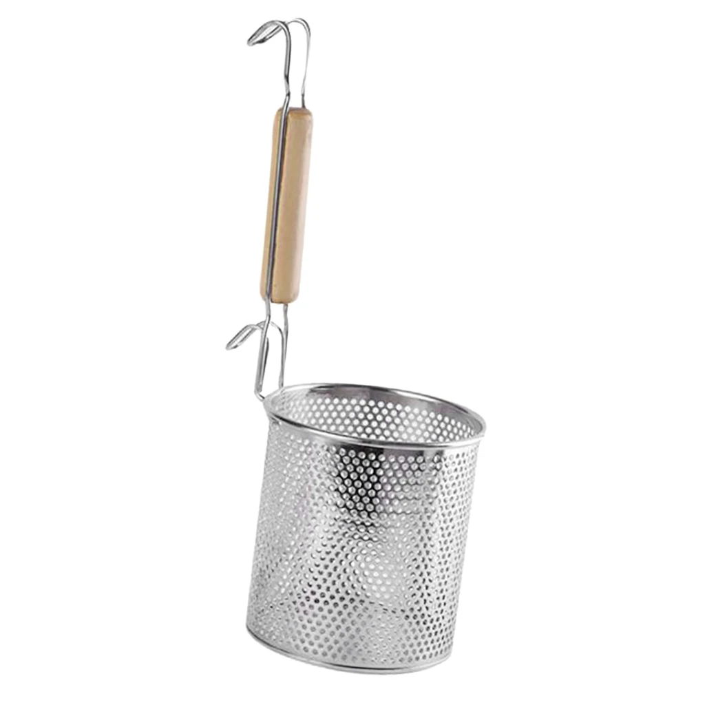 Stainless Steel Noodle Food Strainer with Hook and Wooden Handle, Strainer Basket for Dumpling, Udon, Vegetables or Pasta