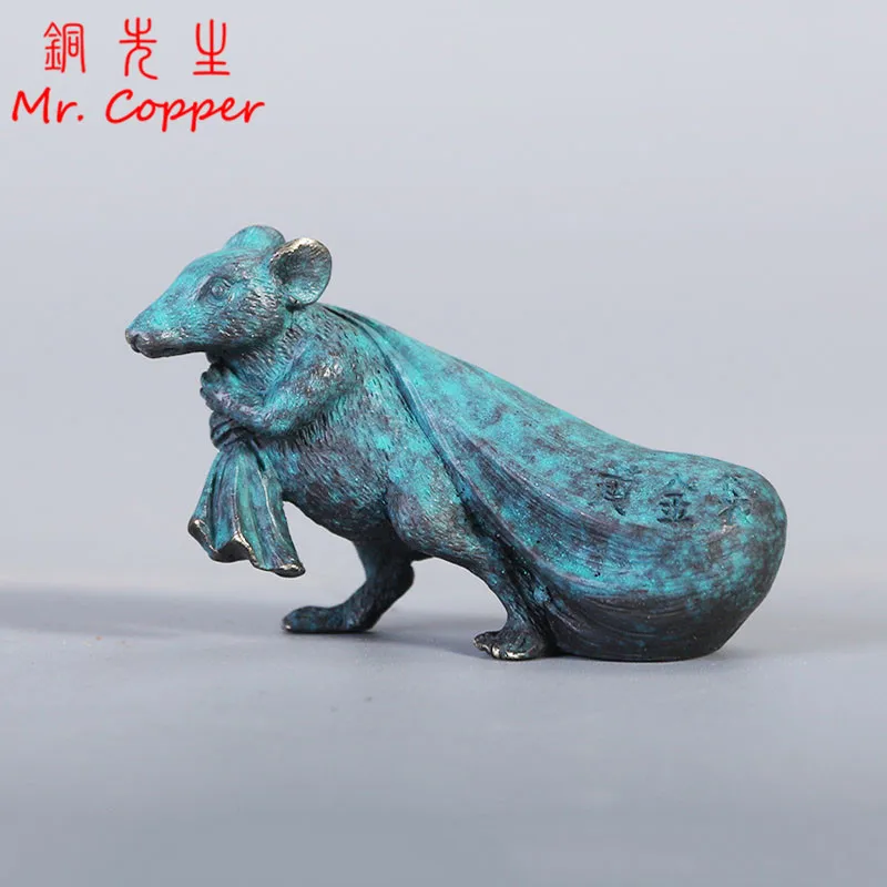 

Antique Bronze Gold Money Bag Rat Statue Tea Pets Ornaments Pure Copper Lucky Zodiac Mouse Miniature Figures Brass Crafts Decor