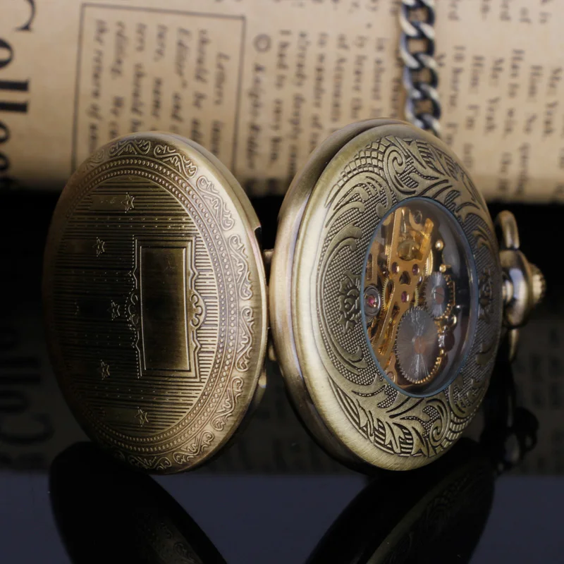 Best Gifts Hand Wind Mechanical Pocket Watch With Fob Chain Mens Hollow Skeleton Dial Bronze Steel Steampunk Watch Relogio