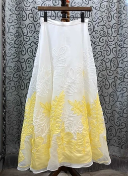 

2020 Spring and Summer New Women's Leaves Dark Embroidery Flower Stitching Decorations Midi All-match Skirt 407