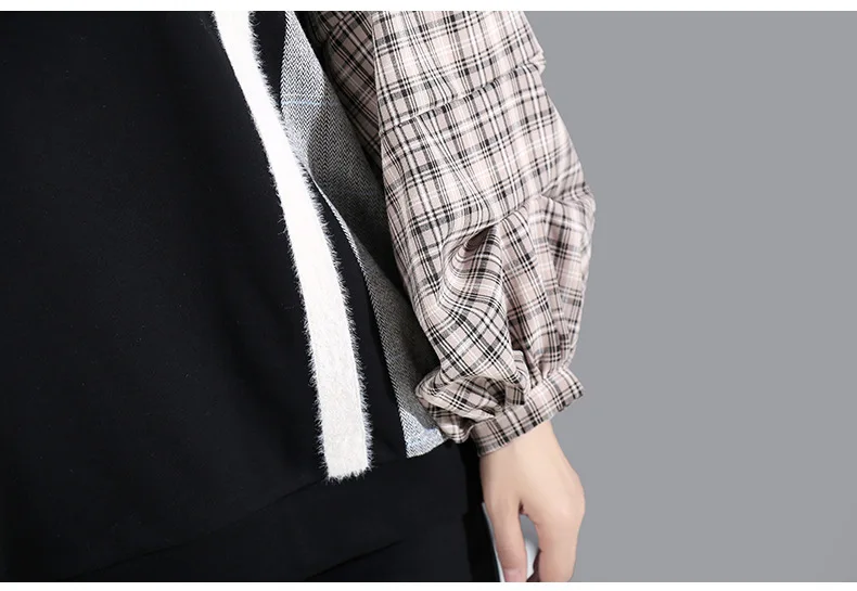 [EAM] Свободная черная клетчатая толстовка с разрезом, новинка, круглый вырез, длинный рукав, Женская мода большого размера, Осень-зима, 1M821