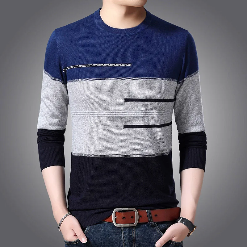 Новинка, модные брендовые мужские свитера, пуловер с круглым вырезом, в полоску, облегающие вязаные Джемперы, зимние, корейский стиль, повседневная мужская одежда - Цвет: Синий