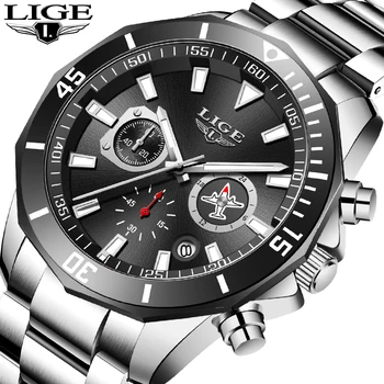 

2020 LIGE Steel Quartz Wristwatch Silver Sport Watches For Men Chronograph Date Mens Watch Watersproof Clock reloj hombre