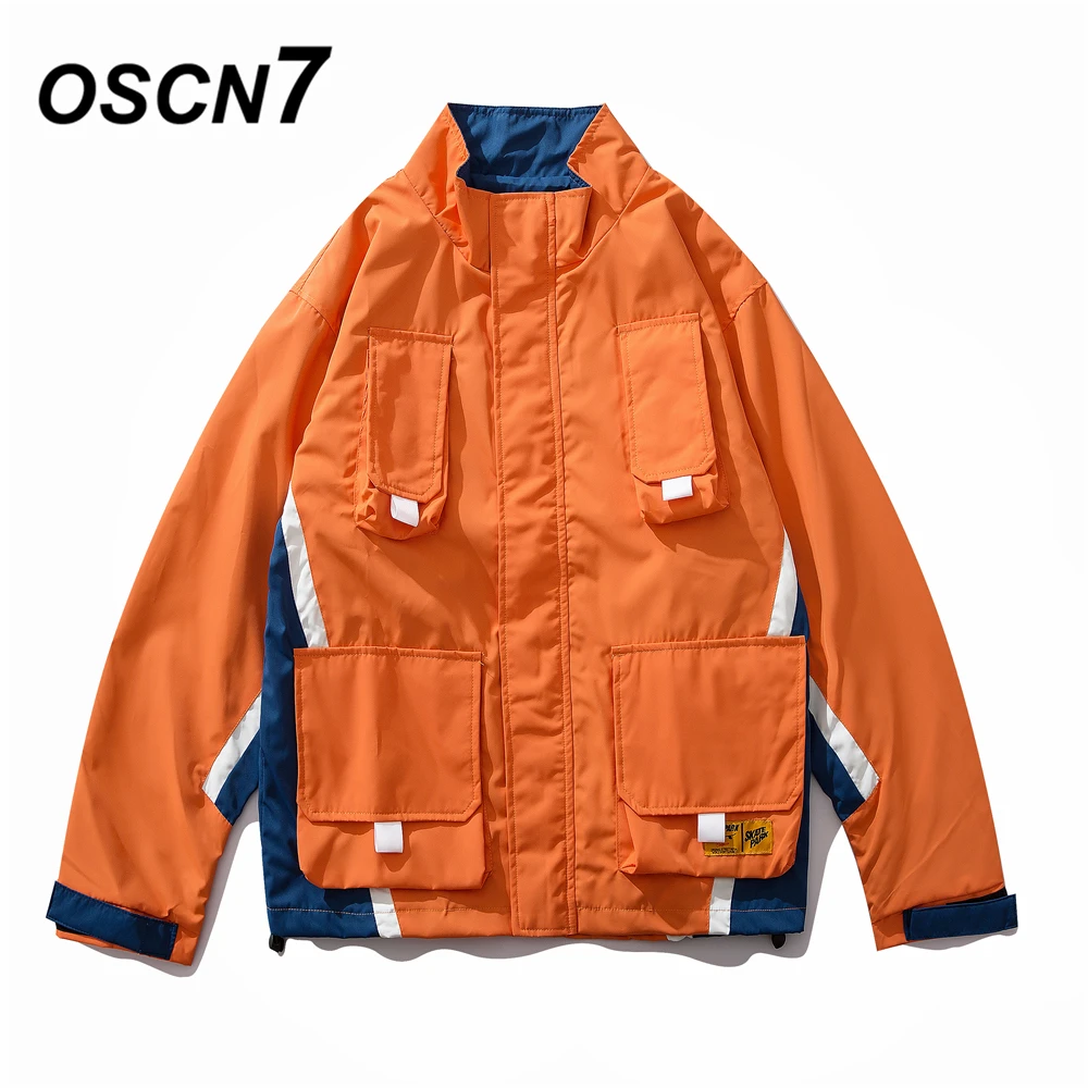 

OSCN7 Hip Hop Contrast Color Stand Jackets Men 2019 New Streetwear Loose Casual Women Windbreaker Jackets Bomber Coat 9118