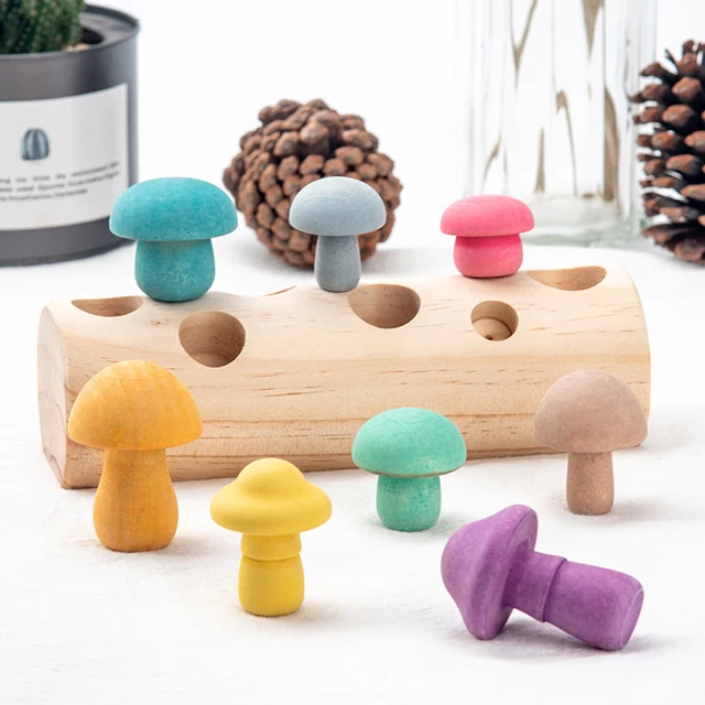 Wooden Rainbow Blocks Mushroom Picking Game Montessori Educational Wooden Baby Toys Developmental Shape Matching Assembly Grasp 5