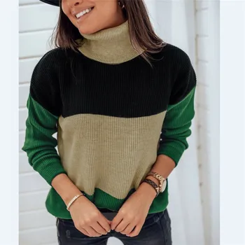 

Women Winter Casual Knitted Turtleneck Sweater Elegant Women Slim Long Sleeve Autumn Female Patchwork Pullover Sweater Tops