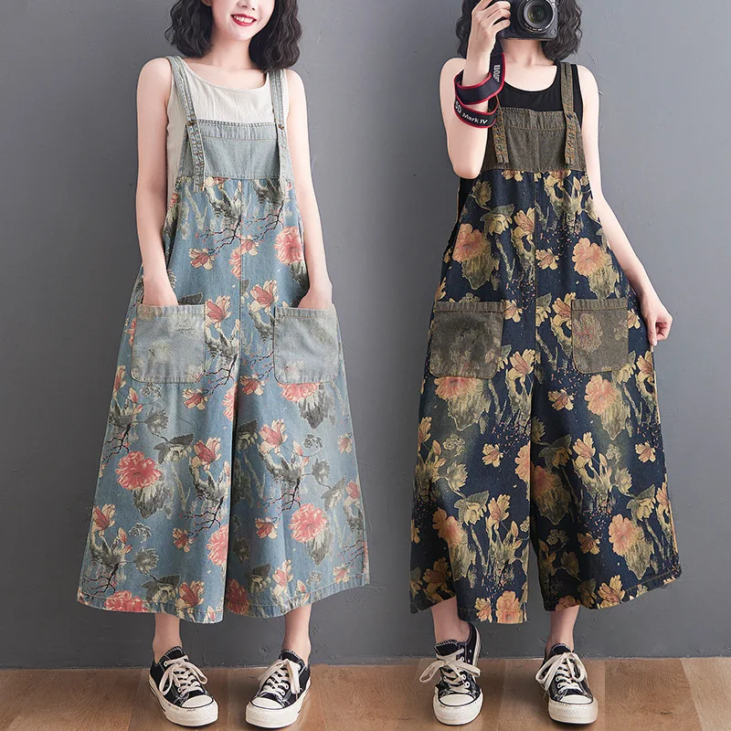 

Summer Women Wide Leg Jumpsuit Vintage Floral Print Sleeveless Loose Jeans Overalls Female Casual Suspenders One Piece Jumpsuit