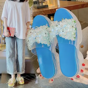 

Transparent Slippers Female Shoes Platform String Bead Slides Fashion 2020 Flat Soft Summer Luxury Rubber Fabric Basic PU