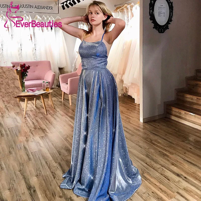 

Side Slit Bling Evening Dress with Pockets Glittering Sequin Spaghetti Straps A-Line Prom Party Dress Long 2019 Robe De Soiree