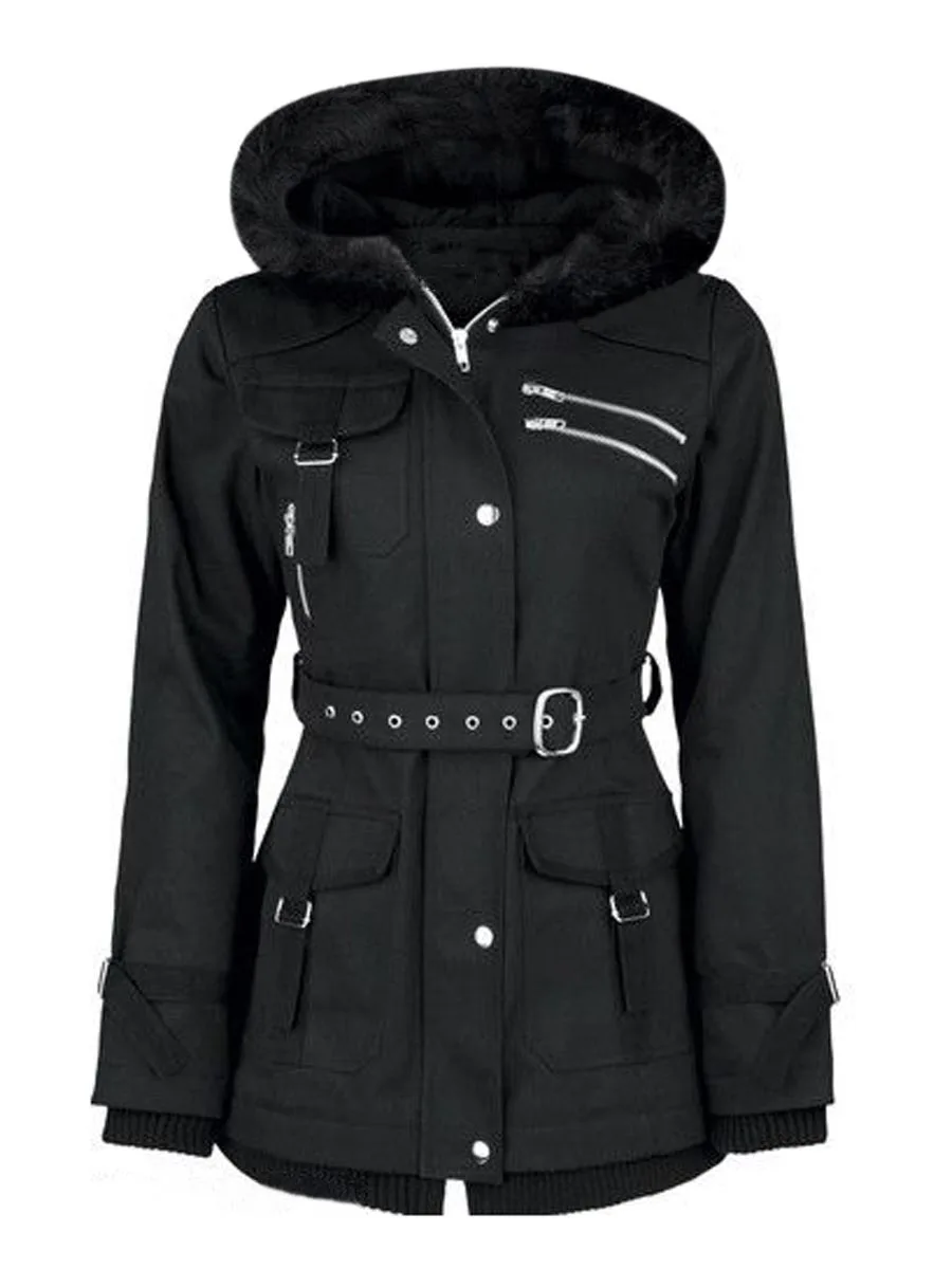 Finest  2019 Cotton Women Jackets Goth Winter Warm OL Slim Coat Thin Hooded Zipper With Belt Coats Black Go