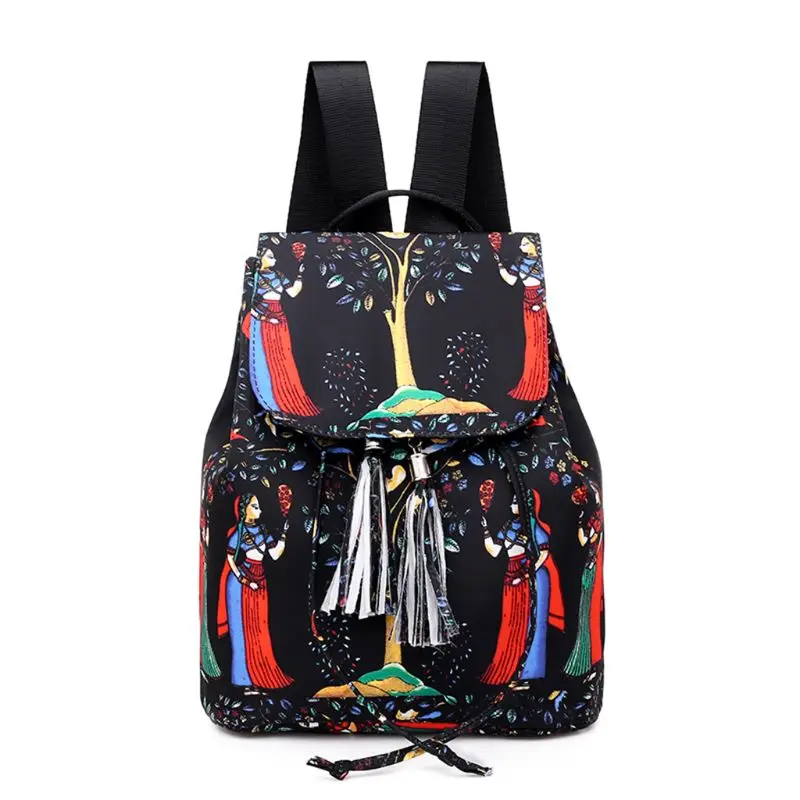 

Fashion Drawstring Women's Backpack Fringe Decoration Nylon Print Backpack Leisure Travel Backpack