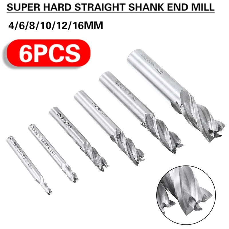 

6pcs/lot 4 Flute Carbide End Mill 4mm/6mm/8mm/10mm/12mm/16mm Carbide Milling Cutter End Mills Cutting Tools