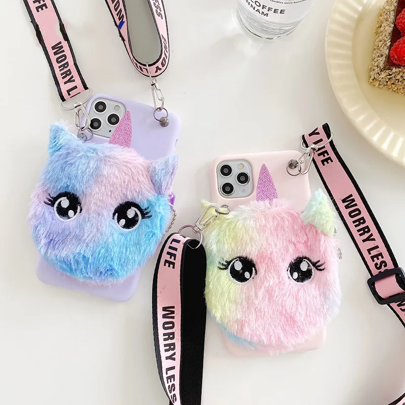 Plush Cat Coin Purses Cases For iPhone 13 mini 11 12 Pro X Xs Max XR 6 6s 7 8 Plus SE 2020 3D Unicorn Furry Wallet Bag Cover | Мобильные