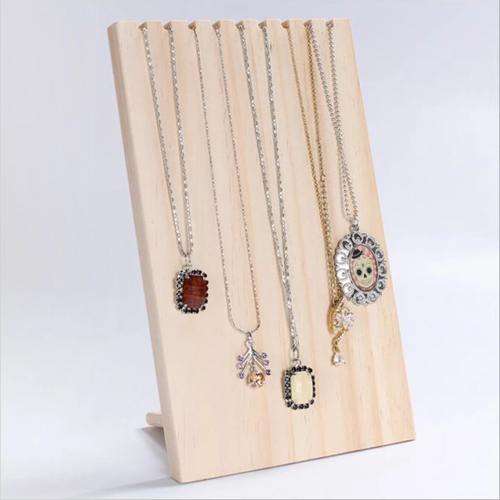 Wood Necklace Display Stand Wooden Jewelry Organizer Craft Shows Retail Shelf - 9 Hooks