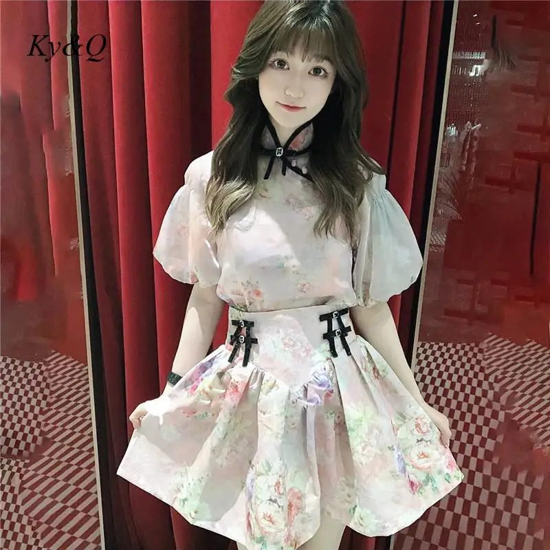 Elegant Printed 2-Piece Set Puff Sleeve Shirt + A-Line Skirt Women Suits Fashion Retro Chinese Style Tops High Waist Skirts | Женская