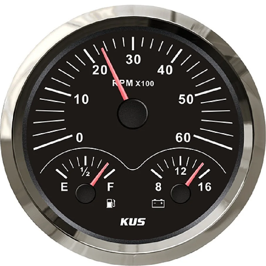 KUS Universal 3 in 1 Multifunctional Gauge Tachometer Fuel Level 12V Voltmeter 110mm Dimension with Red/Yellow Backlight