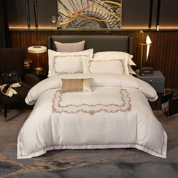 

Long Staple Cotton Duvet Cover set Breathable and Soft Queen King Chic Gold Embroidery White Bedding Set Bed Sheet 2Pillow shams