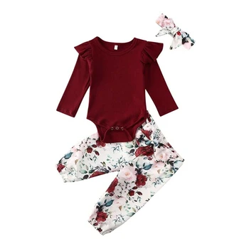 

3pcs Infant Newborn Baby Girl Clothes long sleeve ruffle Romper +floral Long Pants +headband Outfits clothes set 0-18m