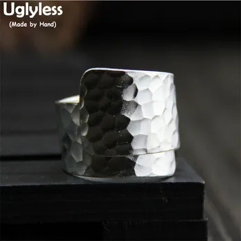 

Uglyless Real S999 Silver Cool Personalized Design Knocking Surface Irregular Rings Women Simple Fashion Handmade Wide Open Ring