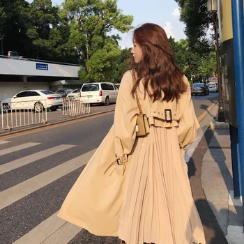 

Pleated Trench Coat Loose chiffon Long Coat Women Turn Down Collar Plus Size Spring Coat Vintage Overcoat Autumn Korean Y307