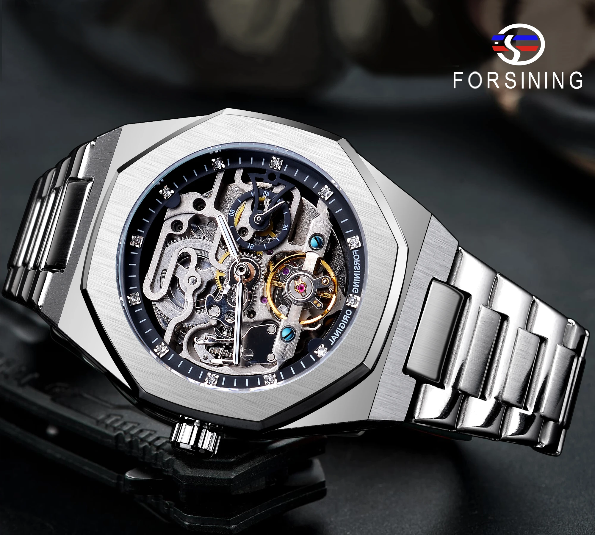 Forsining Lezser automata nézni 3D Gyémánt Csontváz Üreges mens wristwatches Világító hadi watches tourbillon montre homme