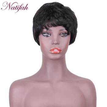 

Natifah 4inch Short Straight Hair with Bangs Synthetic Hair Lace Wigs Black Color Hair Extension Wigs for Women