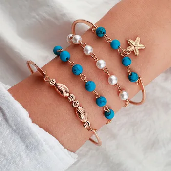 

Bohemian Fashion Pearl S tarfish Turquoise Bracelet Bracelet Set of 4 FJSL