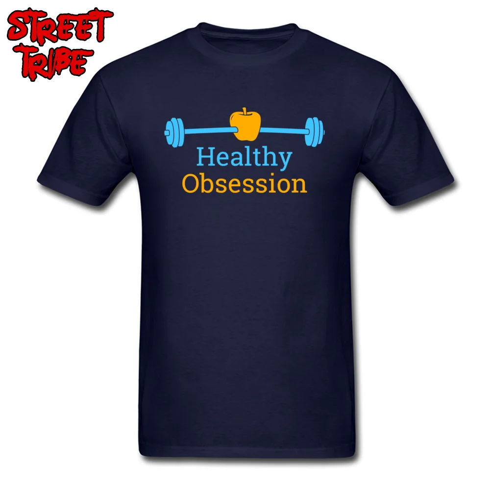 Men T-shirt Navy Blue Tops Healthy Obsession Tees Cool Workout T Shirt Adult 100% Cotton Clothes Letter Apple Barbell Printed |