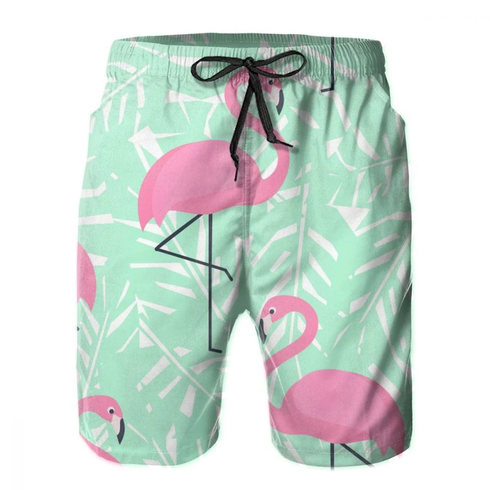 Bañador corto para hombre, traje de baño la con hojas de flamencos rosas tropicales, para correr surfear|Pantalones cortos de surf| - AliExpress