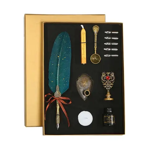 Gold Luxury Vintage Feather Quill Dip Calligraphy Fountain Pen Writing Ink 5 Nibs Set Stationery Gift Box