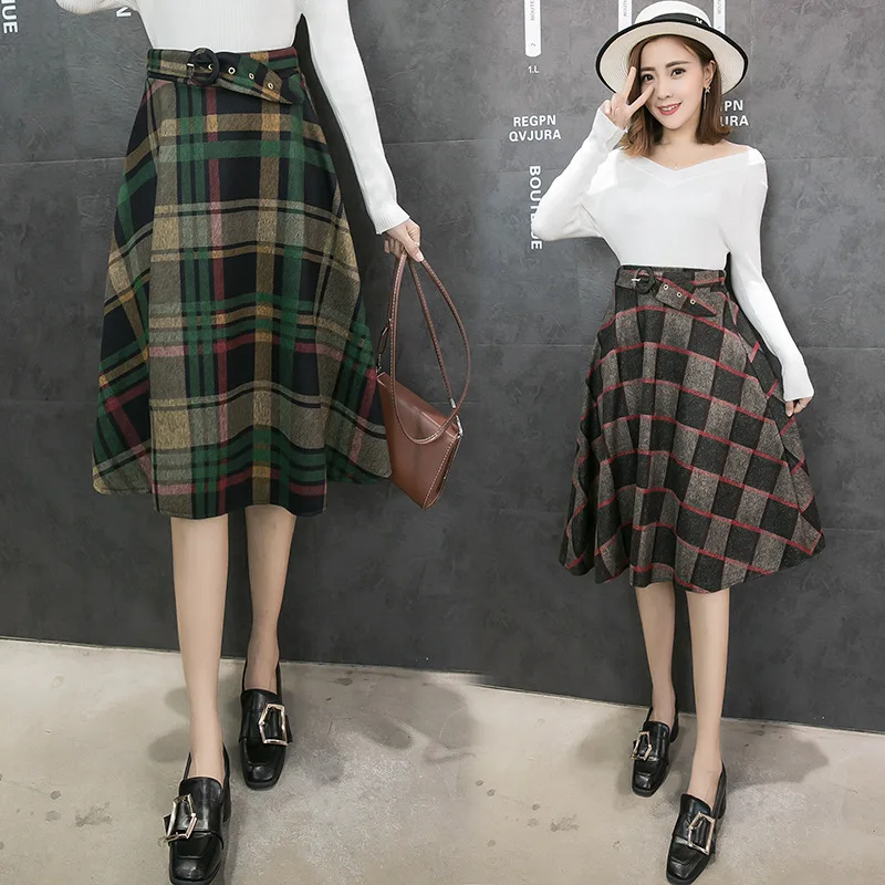 

2018 Autumn And Winter New Style Korean-style High-waisted Mid-length Woolen Plaid Skirt Lace-up Swinging Skirt