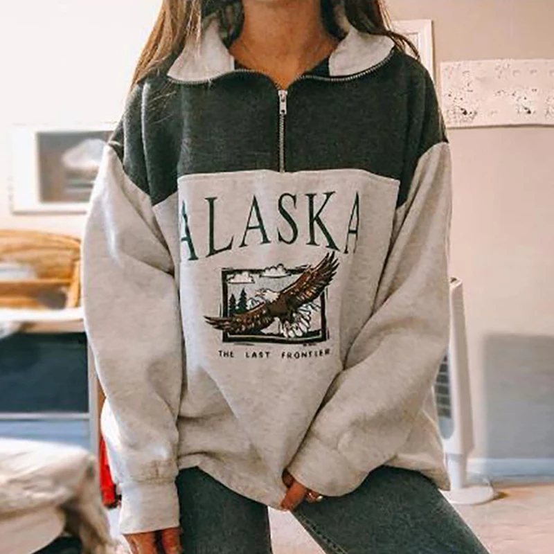 

Fashion Women Long Sleeve Letter Print Sweatshirt Autumn Turn-down Collar Zipper Pullovers Ladies Loose Sweatshirts Coats