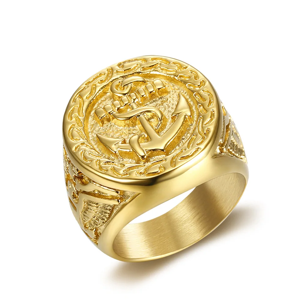 316L Stainless Steel Golden Anchor Biker Ring Hip Hop Rock Titanium Steel Jewelry For Men Size 8-12#