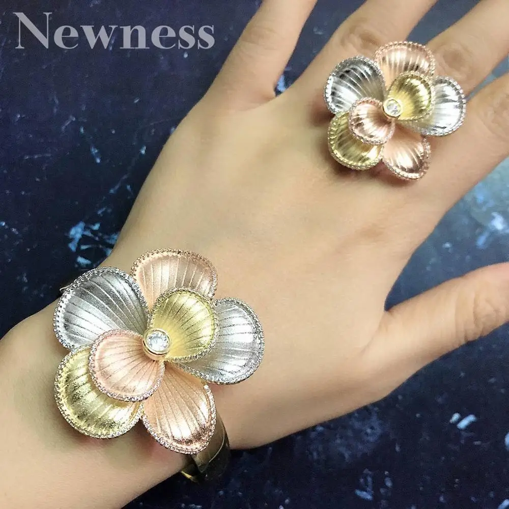 

Newness New Arrival Luxury Flower Blossom Women Wedding Naija Bridal Cubic Zirconia Bangle Ring Set Fashion Dress Jewelry Set