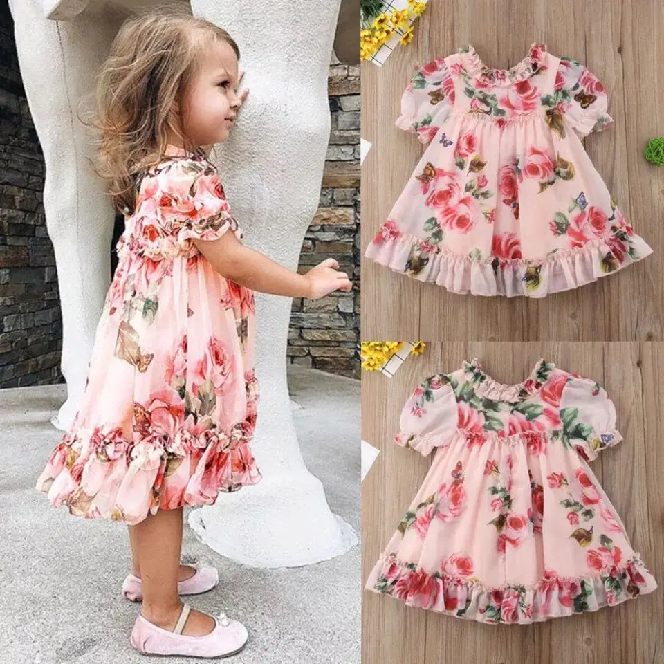 

Summer Baby Girl Children's Sweet Rose Flower Print Chiffon Bubble Short-sleeved Dress Mesh Lace Round Neck Dress